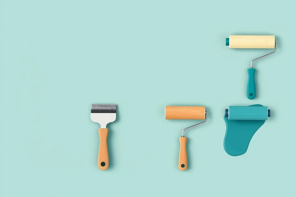 Outils de peinture disposés dans l'ordre des étapes du chantier