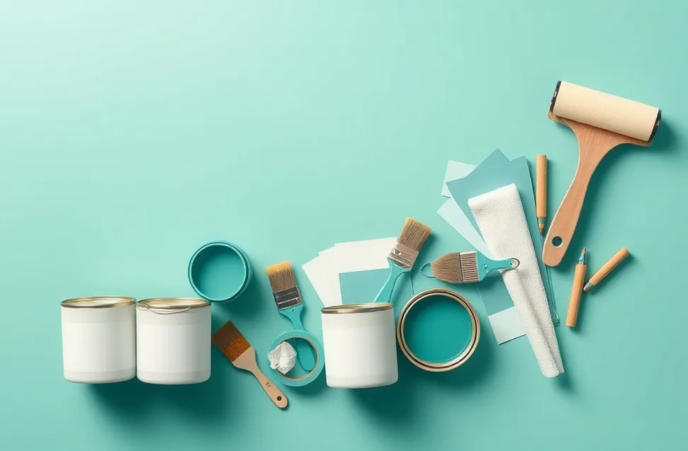 Pots de peinture, nuancier, brosses et rouleaux disposés à plat