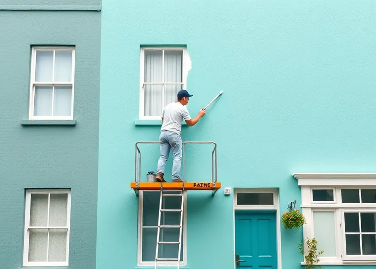 Peintre sur échafaudage traitant la façade d'une maison