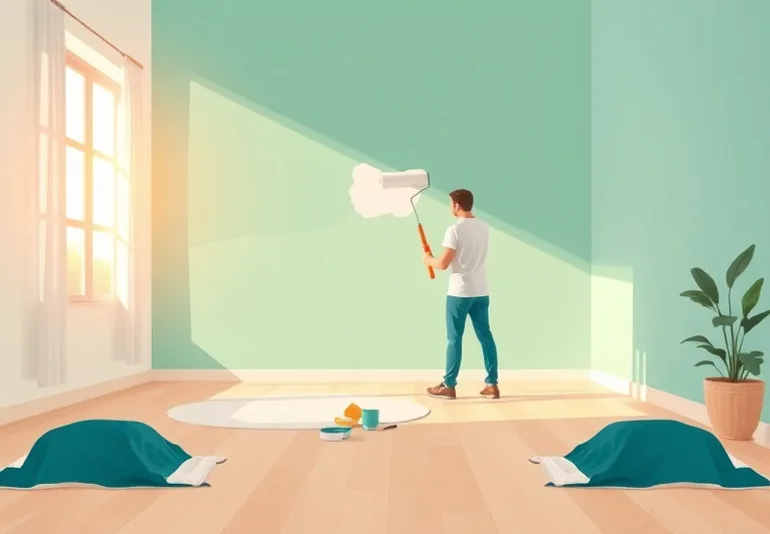 Peintre appliquant la peinture au rouleau sur un mur de salon